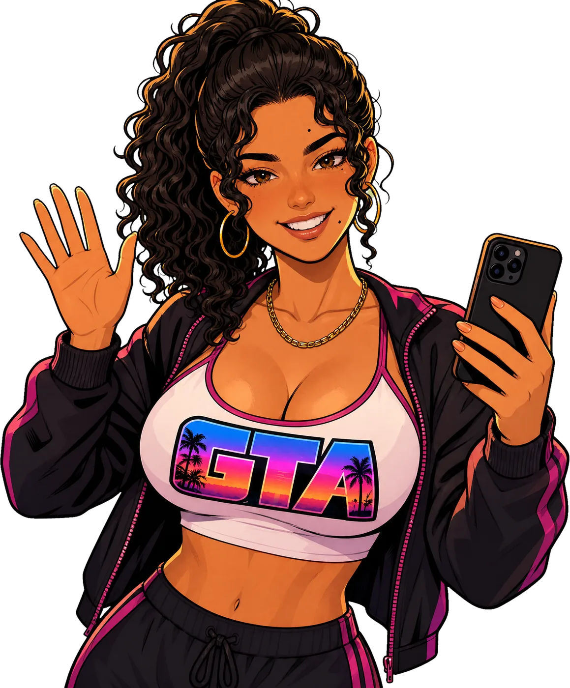 The $GTA girl waving and holding a phone